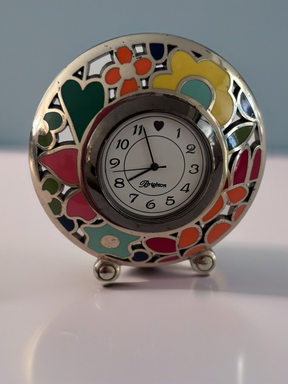 Brighton Silver Multicolor Floral Enamel Desk Clock New Battery Installed